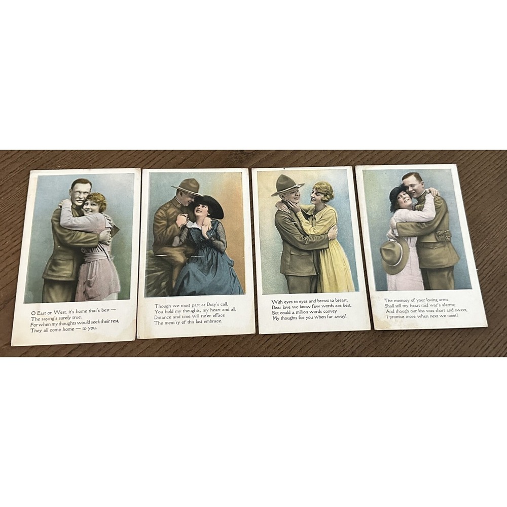 Set of 4 WWI Soldier Art Romantic Lovers Greeting Postcard Vintage Artist Couple